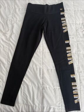 New PINK Victoria's Secret Black Leggings with Gold & Silver Sequin Logo